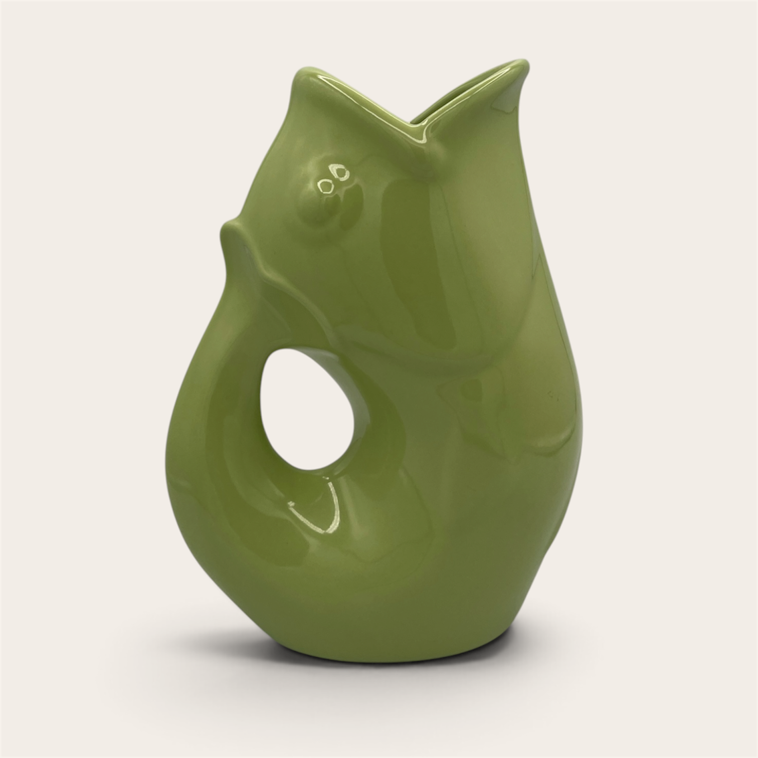 GurglePot olive green fish pitcher – front view