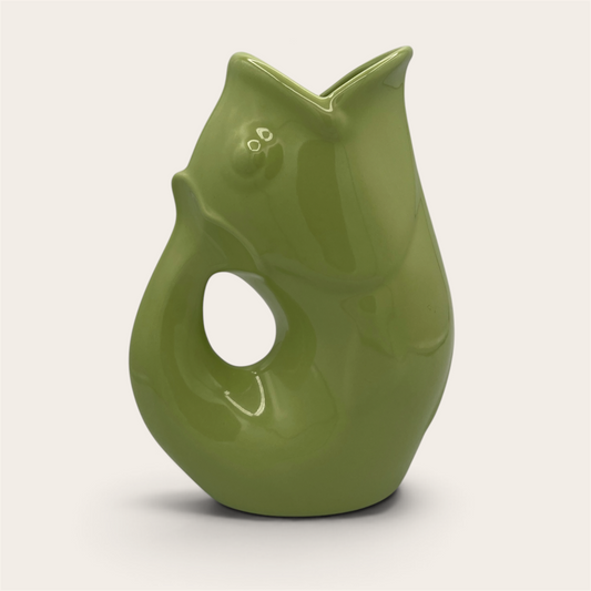 GurglePot olive green fish pitcher – front view