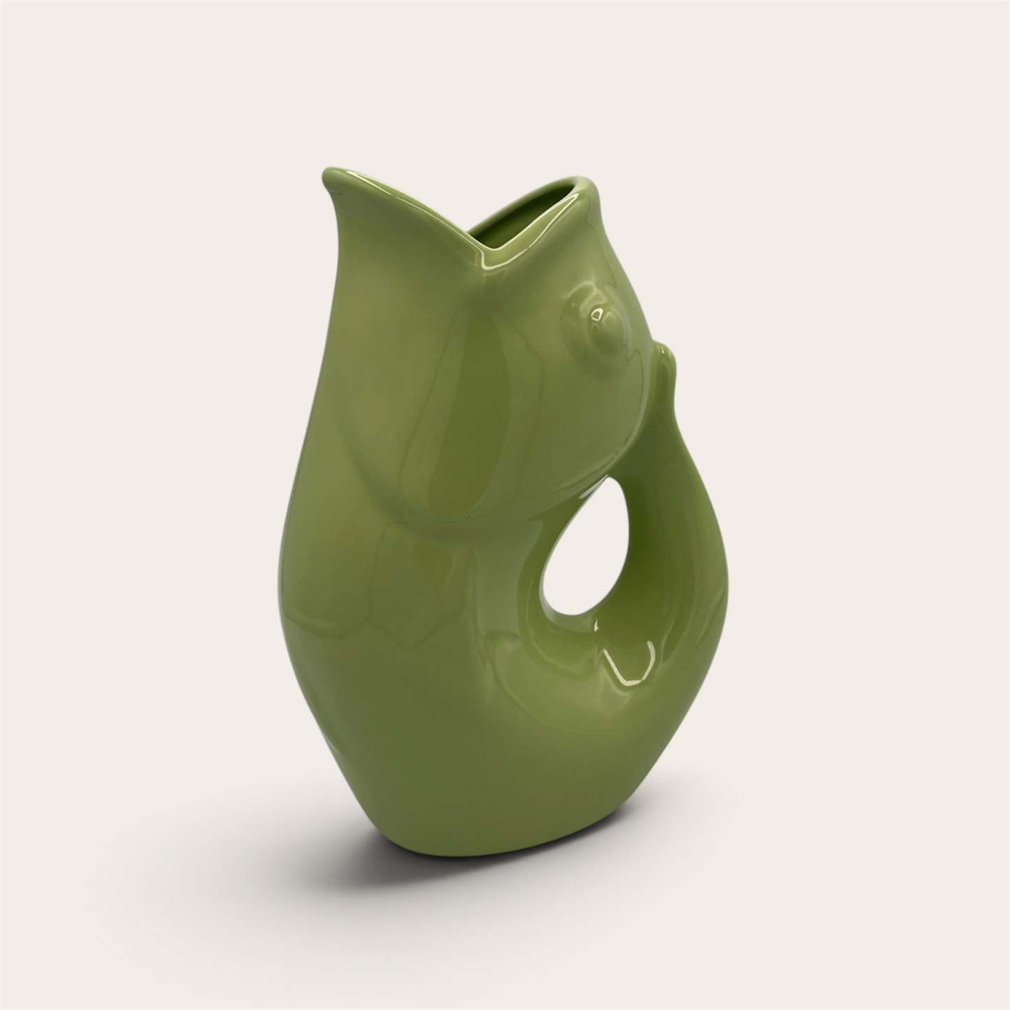 GurglePot olive green fish pitcher – side view