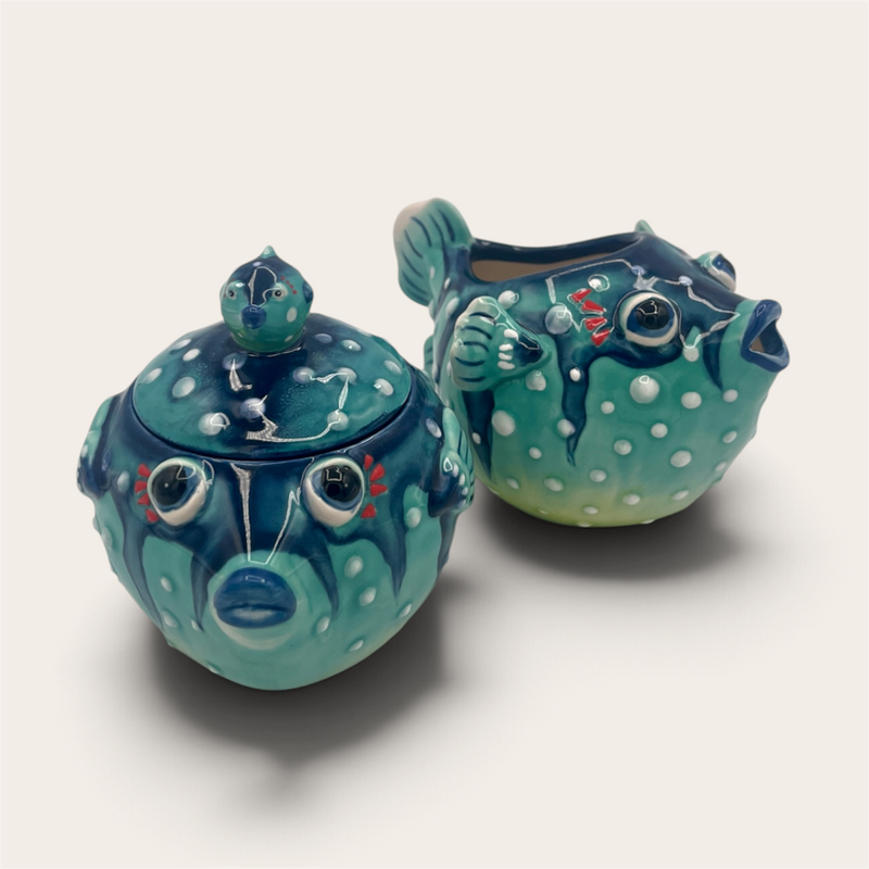 J.McCall/Blue Sky Pufferfish Ceramic Sugar Bowl & Creamer Set
