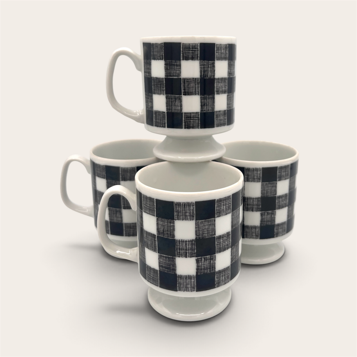 Vintage 1958 Black & White Checkered Ceramic Mug Set of 4 - Japan Made