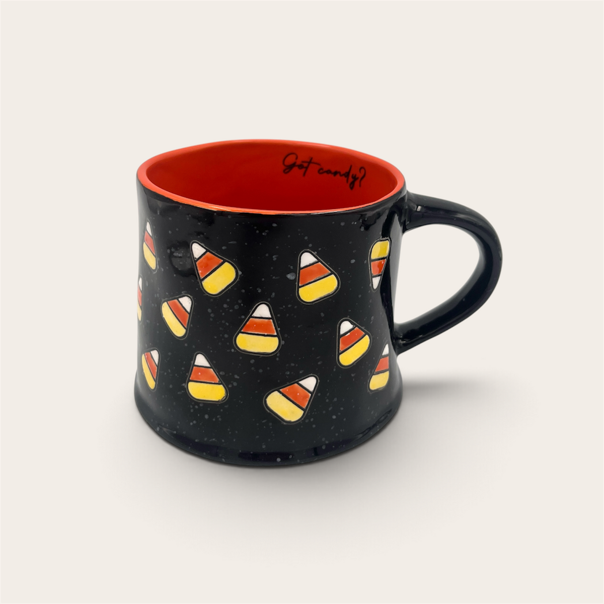 Black candy corn Halloween mug angled view