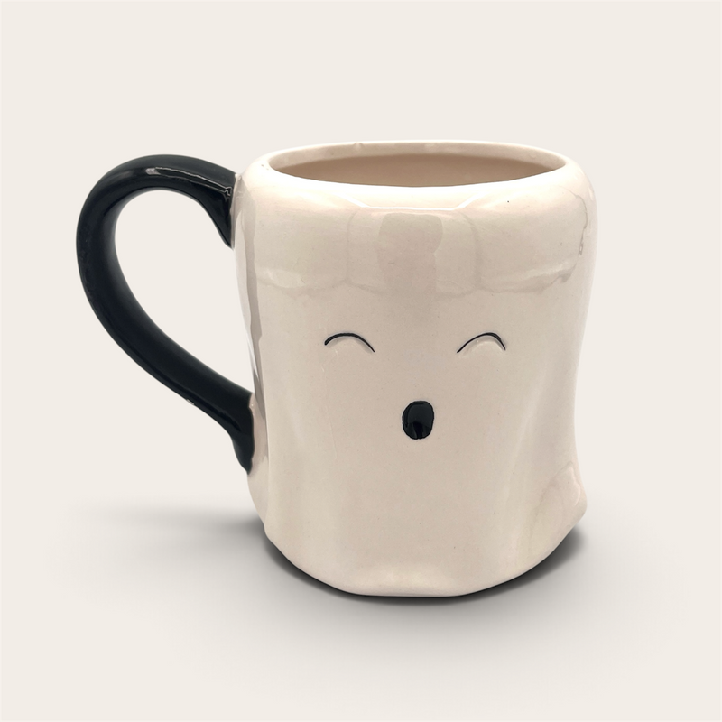 White ghost face mug front view