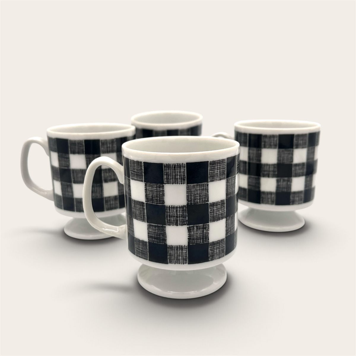 Vintage 1958 Black & White Checkered Ceramic Mug Set of 4 - Japan Made