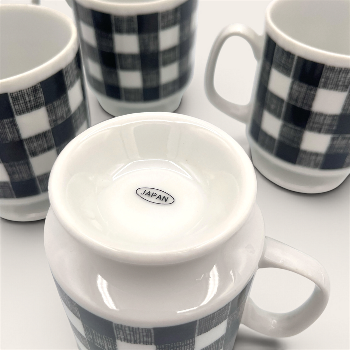 Vintage 1958 Black & White Checkered Ceramic Mug Set of 4 - Japan Made
