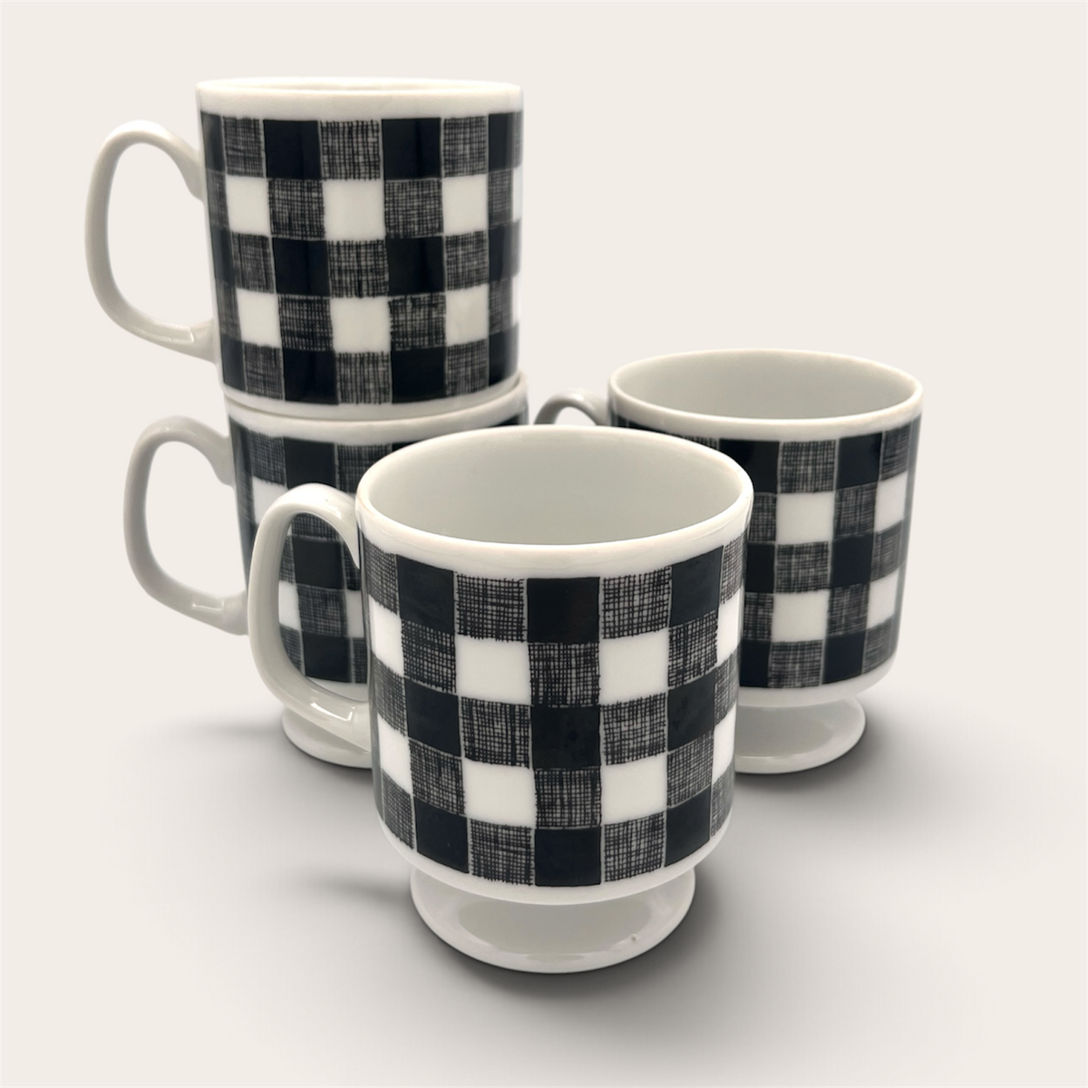 Vintage 1958 Black & White Checkered Ceramic Mug Set of 4 - Japan Made