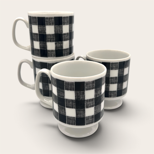 Vintage 1958 Black & White Checkered Ceramic Mug Set of 4 - Japan Made